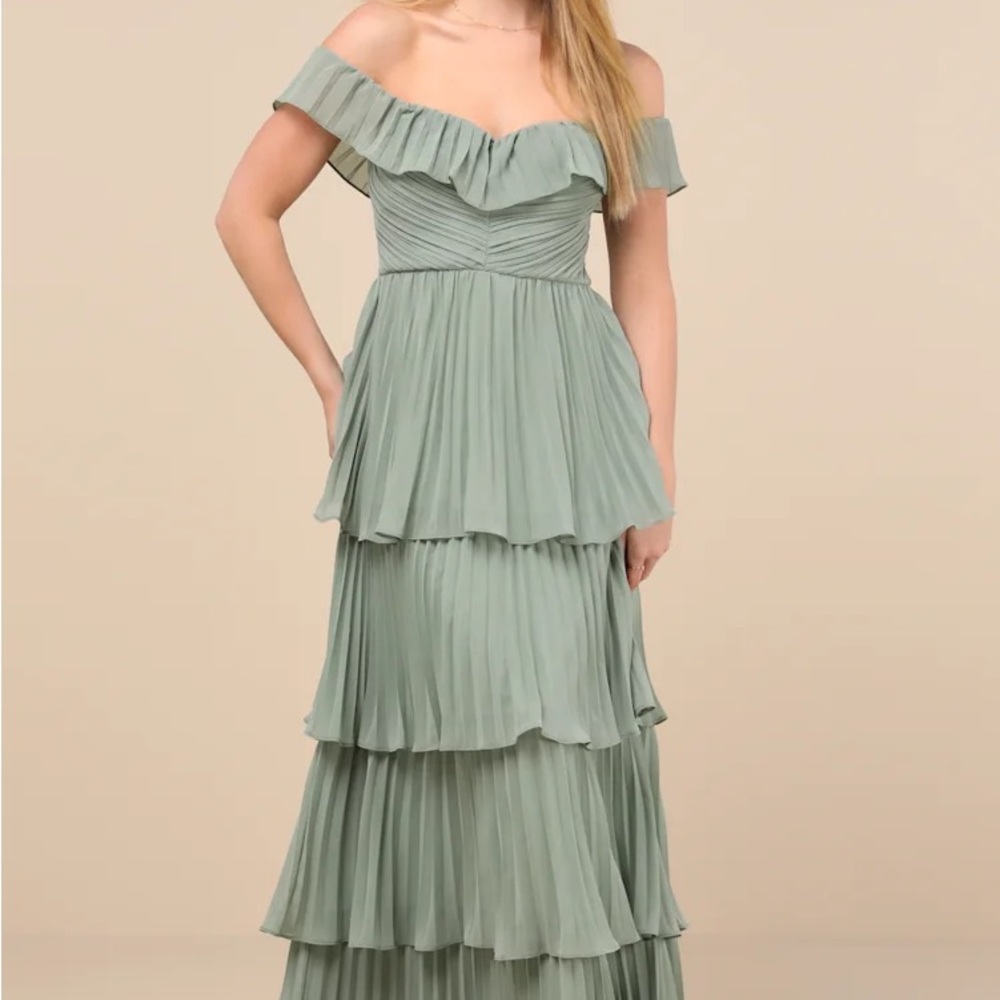 Lulu's Strapless Pleated Sage Dress